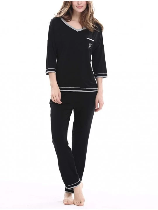 Sets Women's V-Neck Knit Sleepwear 3/4 Sleeves Top with Pants Soft Pajama Set - A-black - CC17YIXTGH4 $39.43