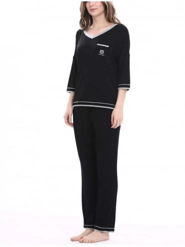 Sets Women's V-Neck Knit Sleepwear 3/4 Sleeves Top with Pants Soft Pajama Set - A-black - CC17YIXTGH4 $39.43