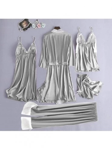 Nightgowns & Sleepshirts 5Pcs Women Satin Lace Simulation Silk Pajamas Set Camisole Trousers Shorts Nightdress Robe Pajamas L...