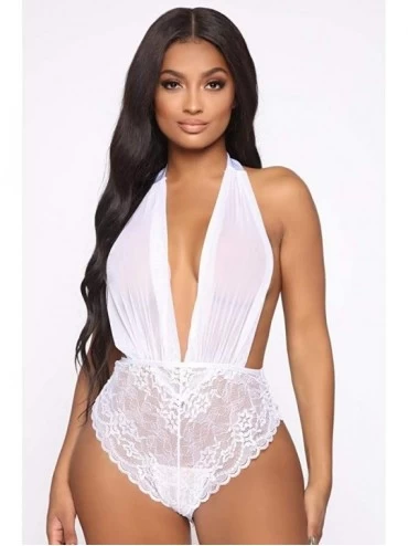 Slips New Women Sexy Lingerie Deep V-Neck Halter Backless Bodysuit Underwear Jumpsuit - White - C118XXYC2IC $12.85