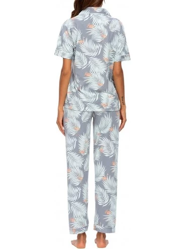 Sets Women's Satin Pajamas Set Floral Button Down Sleepwear Short Sleeve with Pants Nightwear Loungewear - N-grey - C319EL75Y...