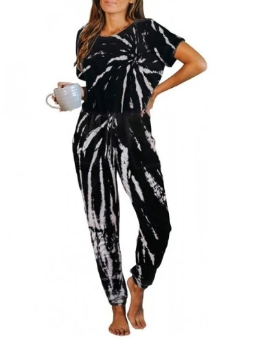 Sets Women's Pajamas Set Short Sleeve Tie Dye Sleepwear Loose Long Jumpsuit Homewear with Pockets - Black - C419CDNAGXL $45.95