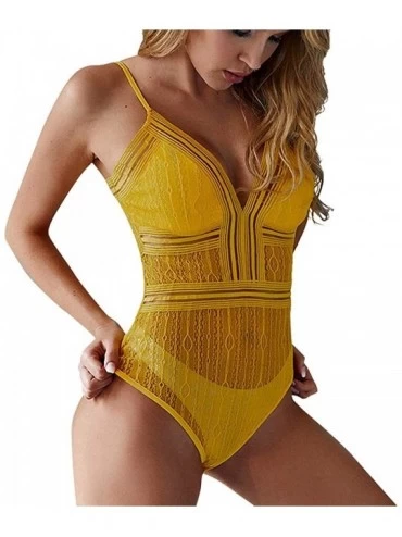 Shapewear Womens Lace Strappy Deep O Neck Party Sleeveless Tops Leotard Bodysuit - C Yellow - CX18S6INA9D $43.40
