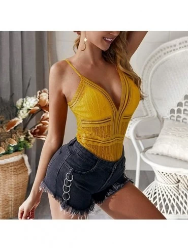 Shapewear Womens Lace Strappy Deep O Neck Party Sleeveless Tops Leotard Bodysuit - C Yellow - CX18S6INA9D $25.93