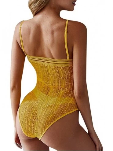 Shapewear Womens Lace Strappy Deep O Neck Party Sleeveless Tops Leotard Bodysuit - C Yellow - CX18S6INA9D $25.93