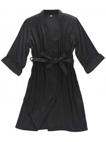 Bustiers & Corsets Women Pajamas Sexy Silk Lace Sleepwear Robe Long Sleeve Lingerie Underwear Bow Strap Lingeries - Black - C...