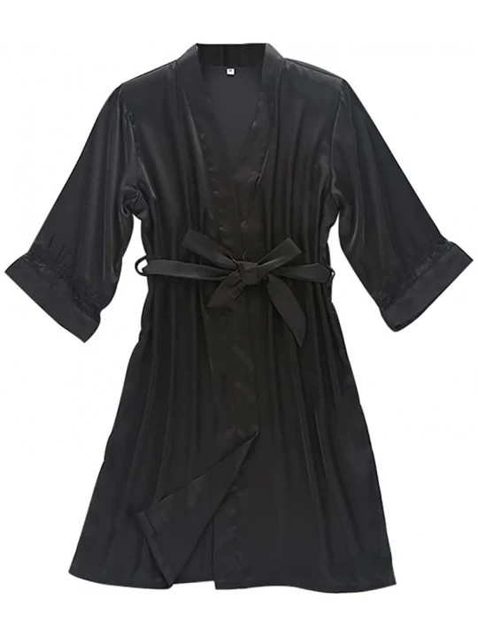 Bustiers & Corsets Women Pajamas Sexy Silk Lace Sleepwear Robe Long Sleeve Lingerie Underwear Bow Strap Lingeries - Black - C...
