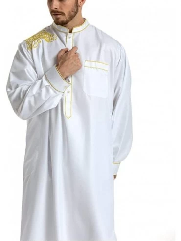 Robes Islamic Thobe Stand Collar Embroidery Long Sleeve Middle Eastern Arab Muslim Wear Robe Clothes for Men Size M (White) -...