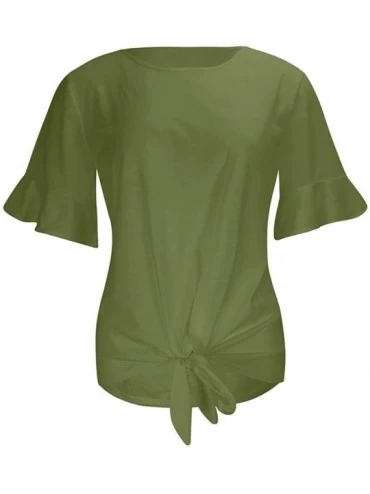 Tops Casual O Neck Tops Short Sleeve Blouses Knot Tie Front Loose Tee T-Shirt for Women - Green - CF18GH2KOIK $16.77
