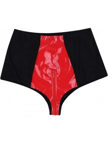 Panties Women Wet Look Leather Hologram High Waisted Zipper Crotch Rave Booty Shorts Bottoms - Black&red - CX18KN57OLY $15.18