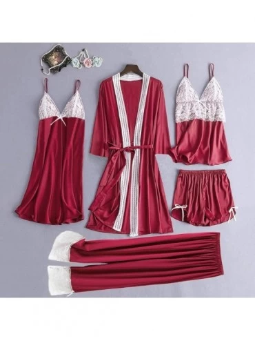 Robes 5 Pc Sleepwear Outfit for Women-Sexy Pajamas Set Include Lace Patchwork Robes Chemise Camisole Shorts and Sleep Pants -...