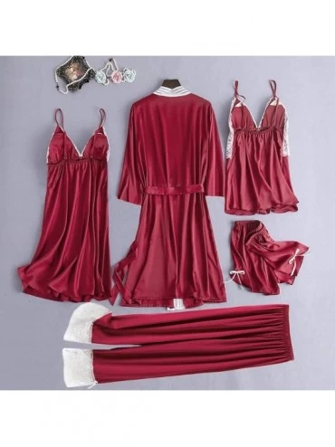Robes 5 Pc Sleepwear Outfit for Women-Sexy Pajamas Set Include Lace Patchwork Robes Chemise Camisole Shorts and Sleep Pants -...