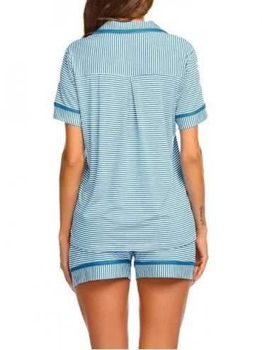 Sets Pajamas Soft Striped Women's Short Sleeve Button Sleepwear Shorts Shirt PJ Set(S-XXL) - Deep Sky Blue Striped - CD18NW7D...
