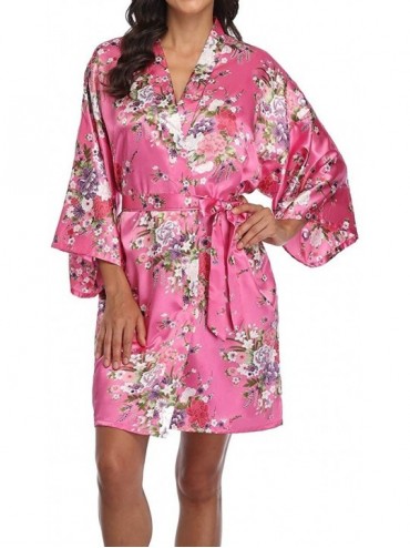 Robes Women's Floral Satin Robes Bridal Party Dressing Gown Oblique V-Neck Sleepwear - Rose Red - CH196ES69WS $22.48