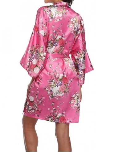 Robes Women's Floral Satin Robes Bridal Party Dressing Gown Oblique V-Neck Sleepwear - Rose Red - CH196ES69WS $9.48