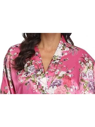 Robes Women's Floral Satin Robes Bridal Party Dressing Gown Oblique V-Neck Sleepwear - Rose Red - CH196ES69WS $9.48