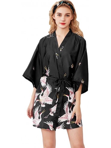 Robes Womens Robe Satin Kimono Silk Short Bathrobe Sleepwear Dressing Gown Pajama - Black - CU197YNL9HI $50.59