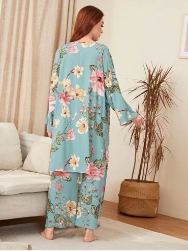 Sets Women's Sleepwear 3 pcs Leaf Print Cami and Pants Pajama Set with Robe - Blue - CM1929QDA9D $27.98