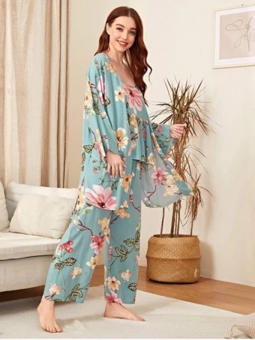 Sets Women's Sleepwear 3 pcs Leaf Print Cami and Pants Pajama Set with Robe - Blue - CM1929QDA9D $27.98