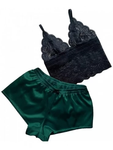Sets Women Satin Lace V-Neck Camisole Bowknot Shorts Set Sleepwear Pajamas Lingerie - Green - CB195374TTC $20.31