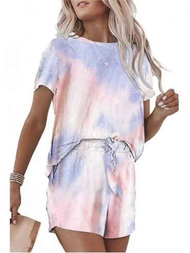 Sets Women Tie Dye Printed Casual Homewear 2 Piece Summer Short Sleeve T-Shirts Shorts Pajamas Set - Purple - CT1908OM8TC $40.43