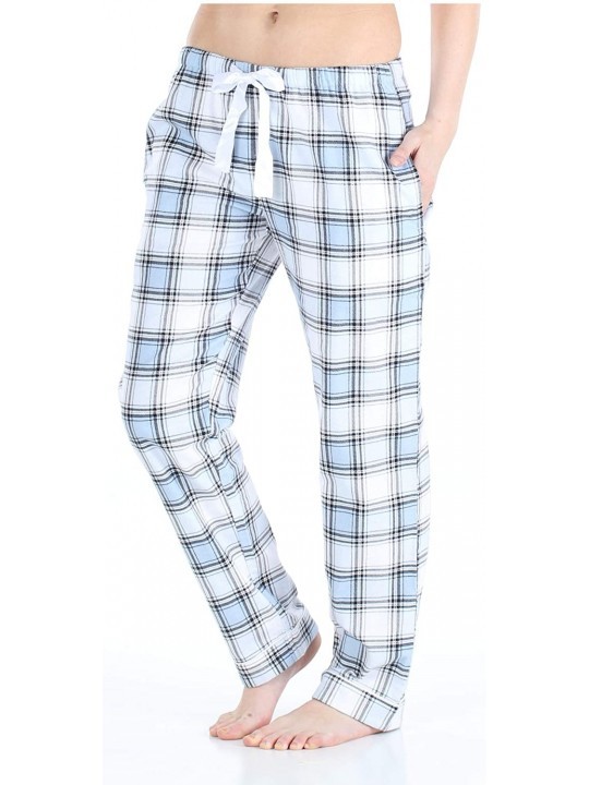 Women's Cotton Flannel Pajama PJ Pants with Pockets - Light Blue Plaid ...