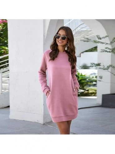 Baby Dolls & Chemises Women's Casual Blouse Long Sleeve Pocket Solid Color Pullover Tops Long Tunics - Pink - CK193GKSHNZ $22.17