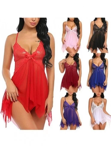Baby Dolls & Chemises Babydoll Lingerie for Women Front Closure Lace V Neck Sleepwear Nightdress Nightgown - B_blue - CW1955S...