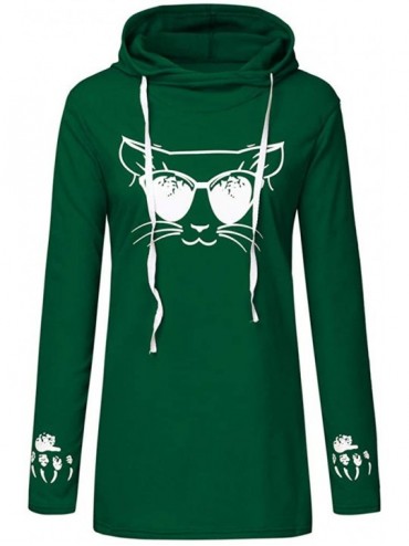 Thermal Underwear Women Cat Print Hoodie Plus Size Long Sleeve Hooded Sweatshirt Long Top - A-green - CE192ZONR6O $52.39