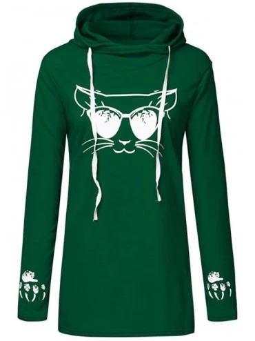 Thermal Underwear Women Cat Print Hoodie Plus Size Long Sleeve Hooded Sweatshirt Long Top - A-green - CE192ZONR6O $21.43