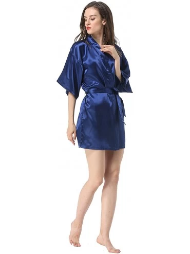Robes Women's Solid Color Satin Short Kimono Robe - Navy Blue - CC18SHZKYO7 $16.46