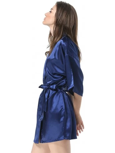 Robes Women's Solid Color Satin Short Kimono Robe - Navy Blue - CC18SHZKYO7 $16.46