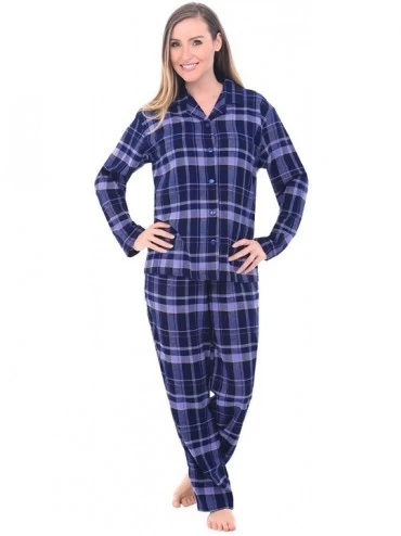 Sets Women's Warm Flannel Pajama Set- Long Button Down Cotton Pjs - Blue Plaid - CQ12ED9A5RR $23.23