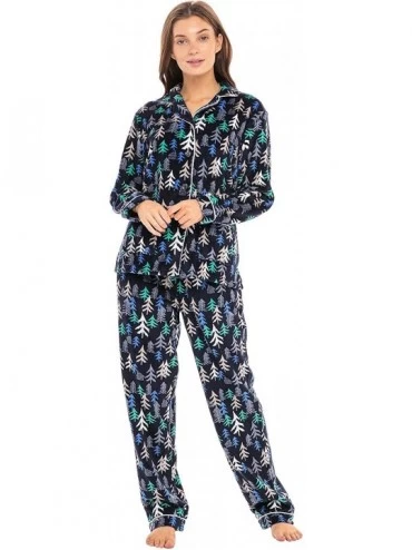 Sets Women's Warm Fleece Pajamas- Long Button Down Pj Set - Colorful Christmas Tree Forrest - CC18TTKUSHT $56.14