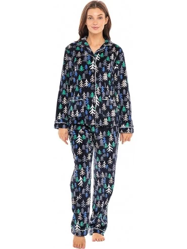 Sets Women's Warm Fleece Pajamas- Long Button Down Pj Set - Colorful Christmas Tree Forrest - CC18TTKUSHT $30.76