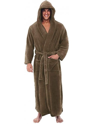 Robes Men's Autumn and Winter Bathrobes Large Size Long-Sleeved Robe Fashion Solid Color Pajamas Straps Simple Nightgown - Kh...