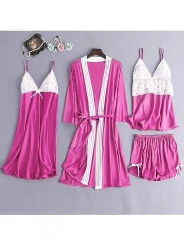 Baby Dolls & Chemises 4Pcs Women's Silk Satin Bathrobe Pajamas Nightgown Kimono Lace Sleepwear Babydoll Nightdress with Short...