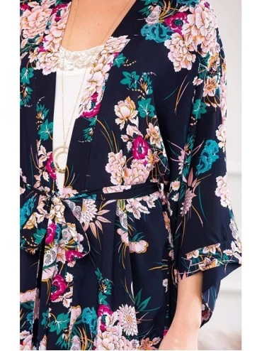 Robes Bridesmaid Kimono Wrap Belted Robe - Floral Print Sleepwear Wedding Cardigan - Oriental Flower - Navy - CR18UXK9WDG $12.46