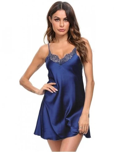 Sets Women Sexy Lingerie Chemise Satin Lace Silk Slips Nightwear V-Neck Babydoll Nightgown Dress - Navy Blue - CM197HHE8SX $1...