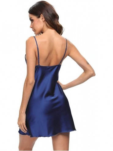 Sets Women Sexy Lingerie Chemise Satin Lace Silk Slips Nightwear V-Neck Babydoll Nightgown Dress - Navy Blue - CM197HHE8SX $3...