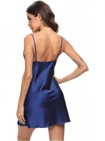 Sets Women Sexy Lingerie Chemise Satin Lace Silk Slips Nightwear V-Neck Babydoll Nightgown Dress - Navy Blue - CM197HHE8SX $1...