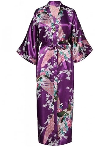 Robes Women Long Robe with Pocket Wedding Bride Bridesmaid Dressing Gown Rayon Kimono Bathrobe Night Dress - Purple 1 - CY198...