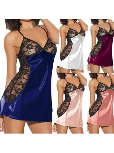 Sets Women Sexy Lingeres Cami Nightdress V Neck Nightwear Satin Sleepwear Lace Chemise Mini Teddy for Sex Pajamas A wine Red ...