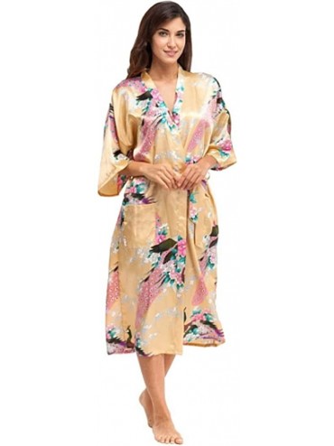Robes Women's Kimono Long Robe 12 Colors with Peacock & Blossoms Printed Kimono Nightgown - Yellow - CP197QYTG00 $43.71