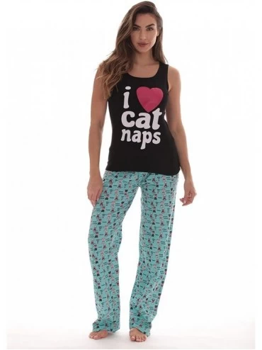 Sets 100% Cotton Women Pajama Ribbed Tank & Jersey Pant Sets - Black - I Love Cat Naps - CP12NU2GPA7 $14.15