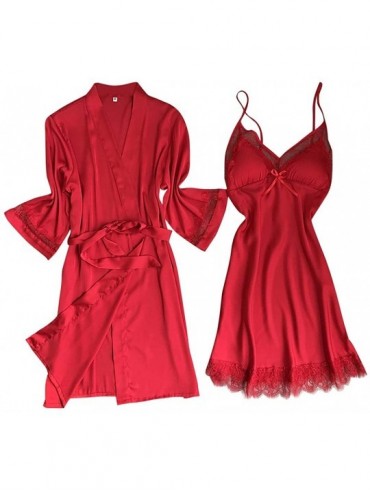 Robes New Satin Silk Pajamas Nightdress Women Robes Underwear Sleepwear Lingerie - Red - CA198ULT3KM $51.87