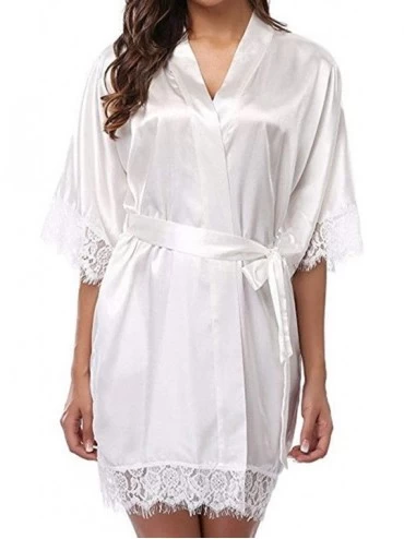 Robes Women Sexy Wedding Dress Gown Short Ice Silk Bride Robe Lace Kimono Nightwear - White - CW18HS5AQ0H $25.48