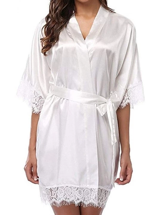 Robes Women Sexy Wedding Dress Gown Short Ice Silk Bride Robe Lace Kimono Nightwear - White - CW18HS5AQ0H $16.77