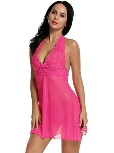 Baby Dolls & Chemises Women See Through Halter Neck Lace Patchwork with G-String Babydoll Sleepwear Baby Dolls - Rose - CD18Z...
