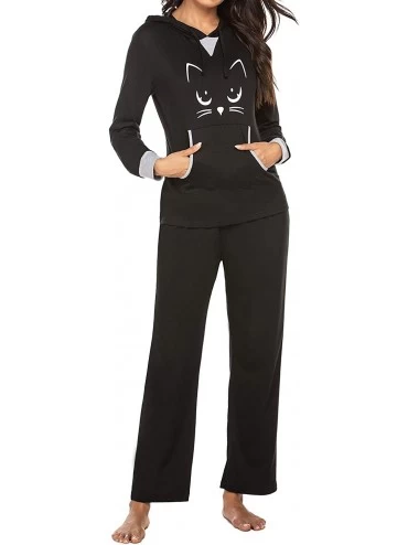 Sets Women's Long Pajama Set Cute Print Hooded Tops and Pants Loungewear Set - Black - C318AL0HUTY $43.15